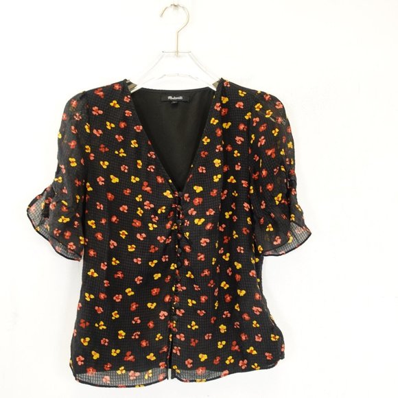 MADEWELL Women's Black Yellow Top 00 XS Puff Sleeve Button Front‎ Micro Floral - Picture 1 of 9